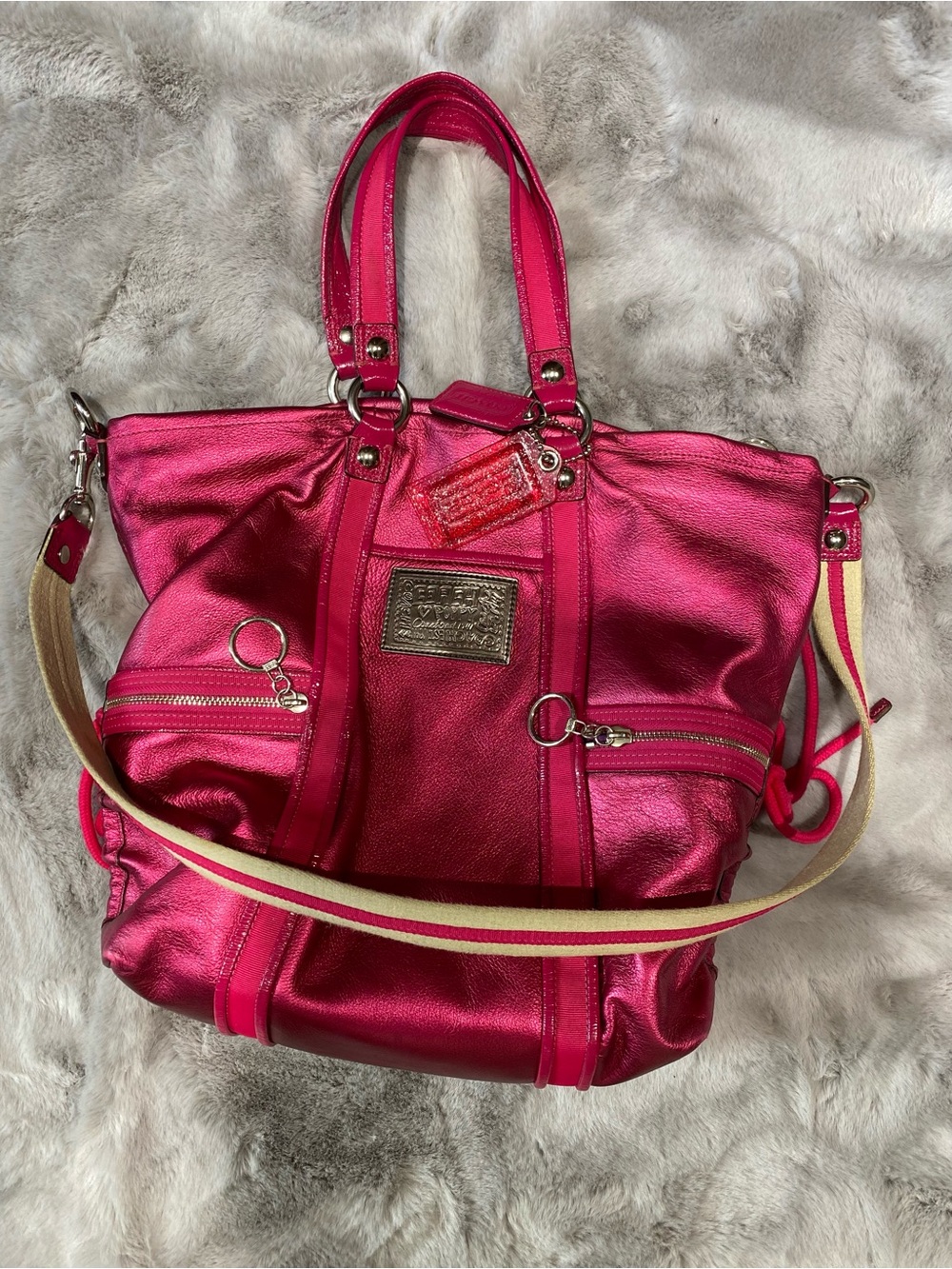 Coach Metallic Hot Pink Leather Shoulder Tote with Striped Strap